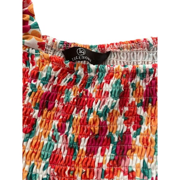 Lillusory Tiered Floral Dress Smocking Sweet Feminine Boho Flowy Coral Pink S - Picture 4 of 12